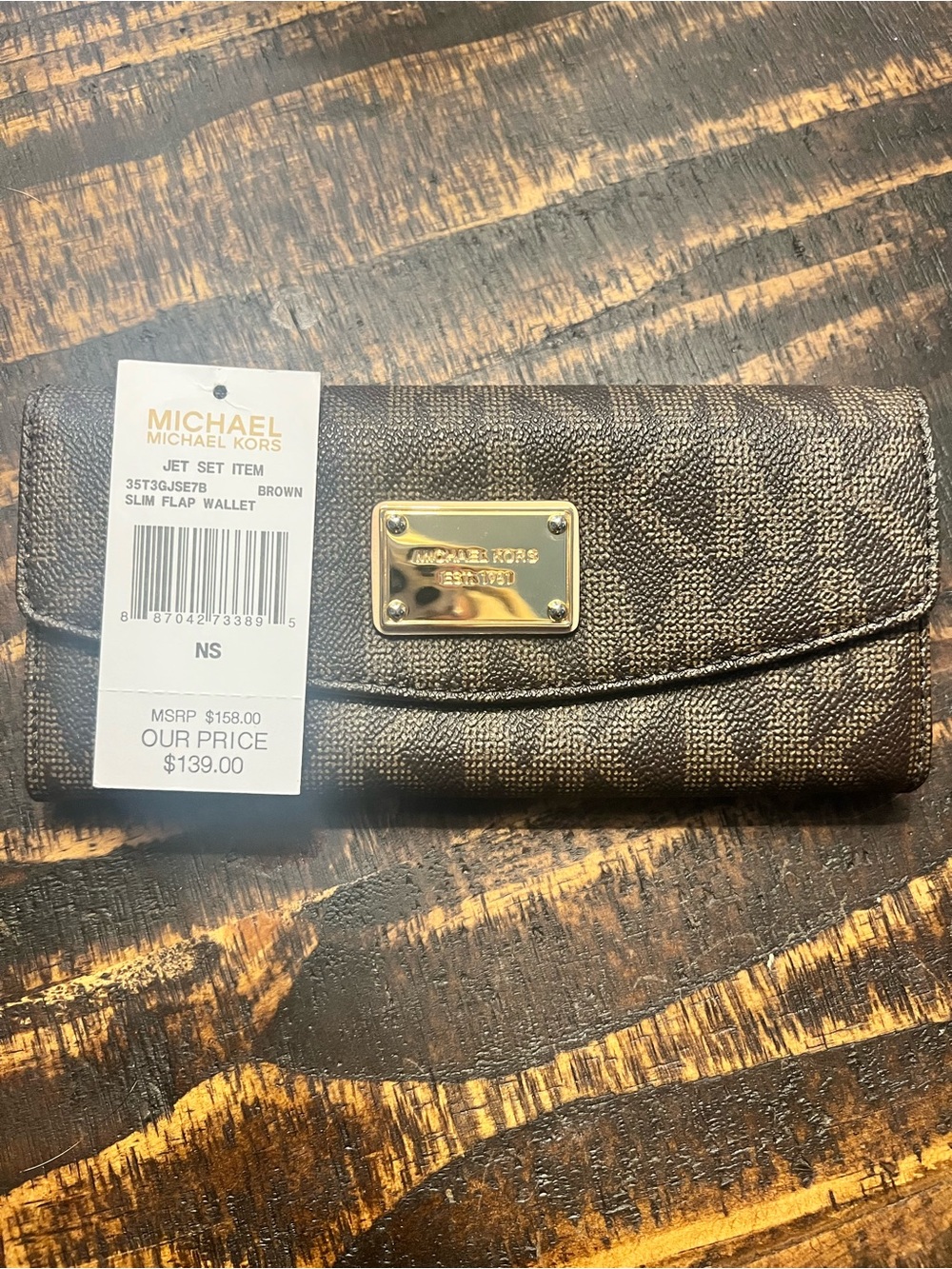 Michael Kors Brown Signature Logo Slim Flap Wallet with Gold Plaque